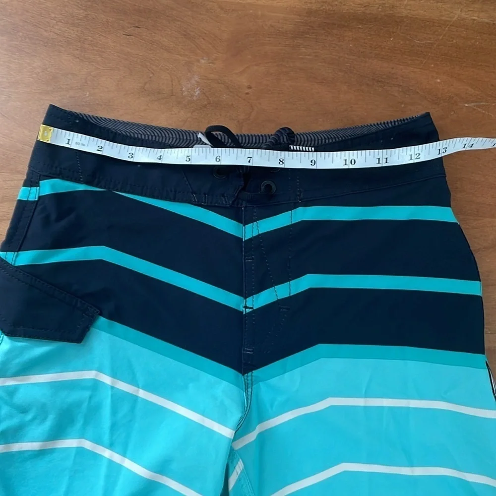 VOLCOM Boys Striped Board Shorts Size 25 Swim Trunks Blue Mod-Tech